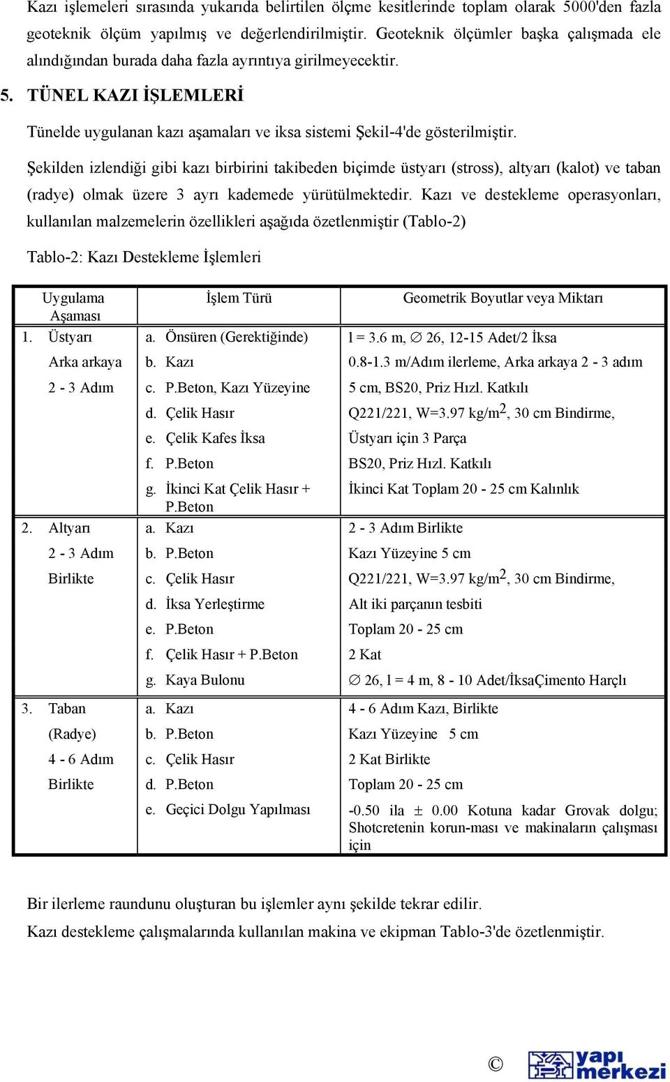 Şekilden izlendiği gibi kazı birbirini takibeden biçimde üstyarı (stross), altyarı (kalot) ve taban (radye) olmak üzere 3 ayrı kademede yürütülmektedir.