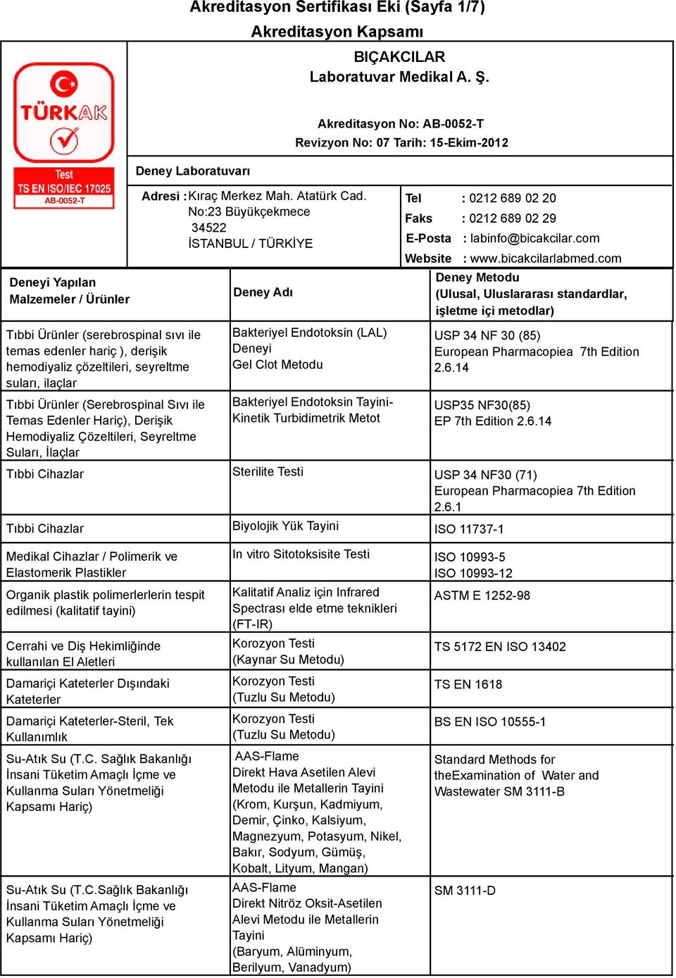 No:23 Büyükçekmece 34522 İSTANBUL / TÜRKİYE Akreditasyon No: Bakteriyel Endotoksin (LAL) Deneyi Gel Clot Metodu Bakteriyel Endotoksin - Kinetik Turbidimetrik Metot Tel Faks : 0212 689 02 29 E-Posta :