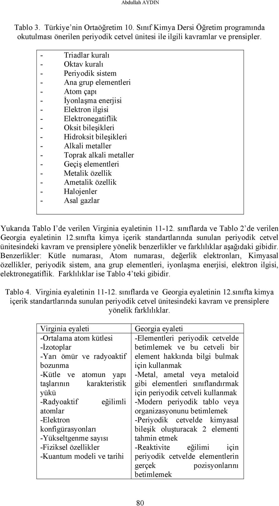 metaller - Toprak alkali metaller - Geçiş elementleri - Metalik özellik - Ametalik özellik - Halojenler - Asal gazlar Yukarıda Tablo I de verilen Virginia eyaletinin 11-12.