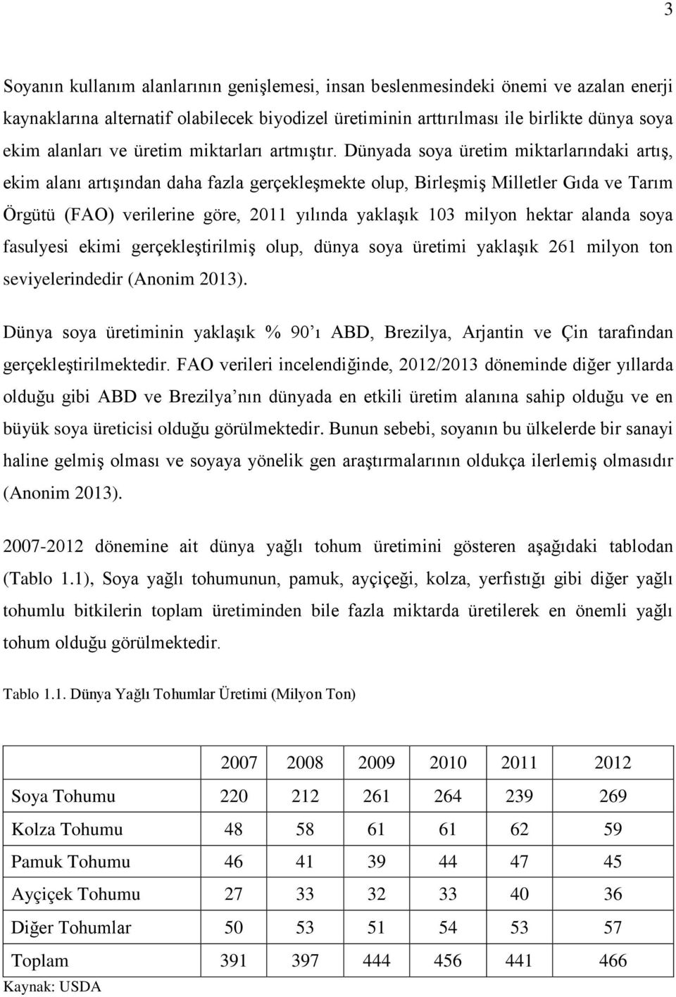 Dünyada soya üretim miktarlarındaki artış, ekim alanı artışından daha fazla gerçekleşmekte olup, Birleşmiş Milletler Gıda ve Tarım Örgütü (FAO) verilerine göre, 2011 yılında yaklaşık 103 milyon