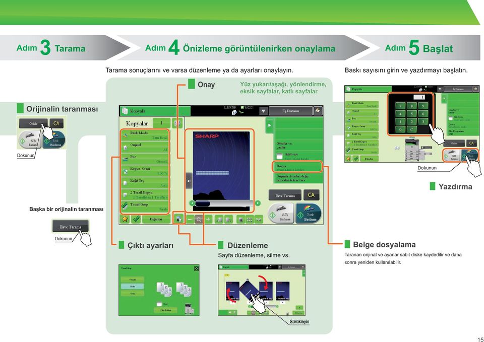 Onay Yüz yukarı/aşağı, yönlendirme, eksik sayfalar, katlı sayfalar Orijinalin taranması Dokunun Dokunun Yazdırma Başka bir