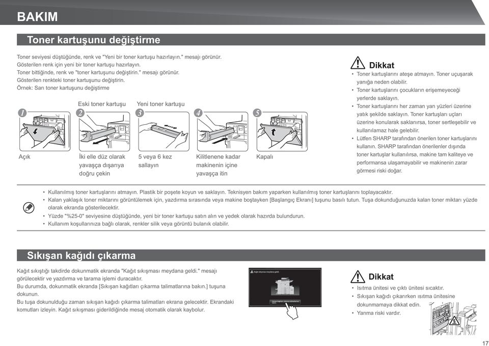 Örnek: Sarı toner kartuşunu değiştirme Açık Eski toner kartuşu Yeni toner kartuşu 1 2 3 4 5 İki elle düz olarak yavaşça dışarıya doğru çekin 5 veya 6 kez sallayın Kilitlenene kadar makinenin içine