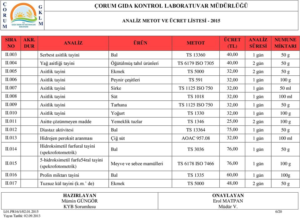 007 Asitlik tayini Sirke TS 1125 IS 750 32,00 50 ml II.008 Asitlik tayini Süt TS 1018 32,00 100 ml II.009 Asitlik tayini Tarhana TS 1125 IS 750 32,00 50 g II.