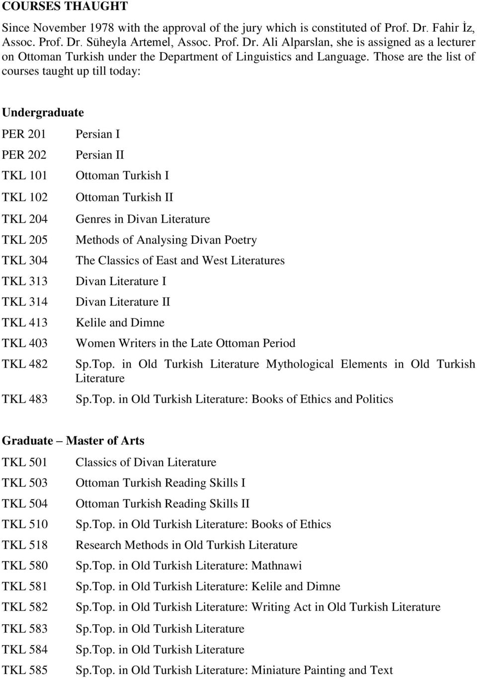 Those are the list of courses taught up till today: Undergraduate PER 201 PER 202 TKL 101 TKL 102 TKL 204 TKL 205 TKL 304 TKL 313 TKL 314 TKL 413 TKL 403 TKL 482 TKL 483 Persian I Persian II Ottoman