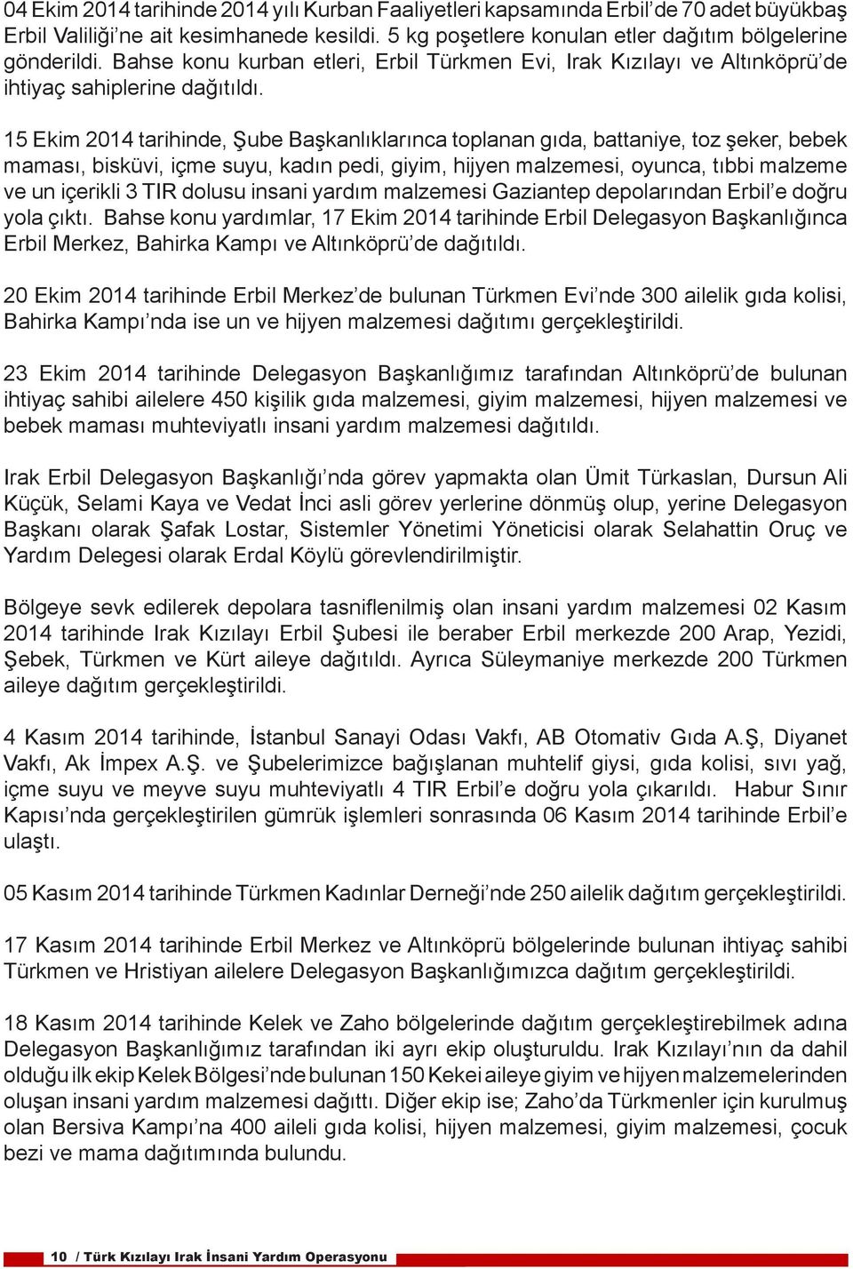 15 Ekim 2014 tarihinde, Şube Başkanlıklarınca toplanan gıda, battaniye, toz şeker, bebek maması, bisküvi, içme suyu, kadın pedi, giyim, hijyen malzemesi, oyunca, tıbbi malzeme ve un içerikli 3 TIR