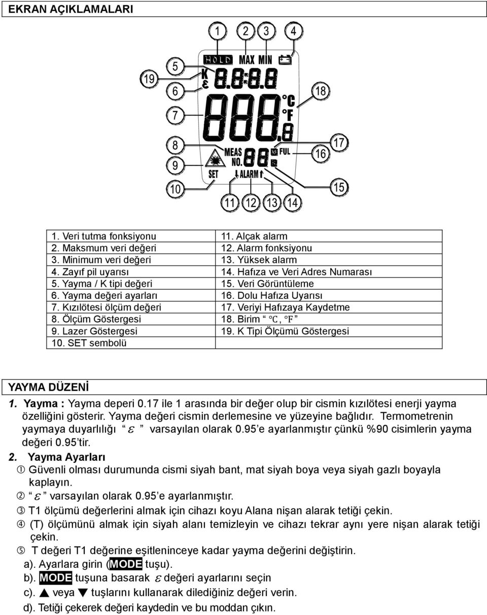 Ölçüm Göstergesi 18. Birim, 9. Lazer Göstergesi 19. K Tipi Ölçümü Göstergesi 10. SET sembolü YAYMA DÜZENĠ 1. Yayma : Yayma deperi 0.