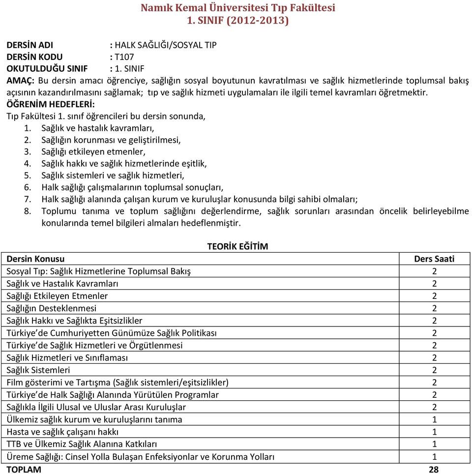 temel kavramları öğretmektir. ÖĞRENİM HEDEFLERİ: Tıp Fakültesi 1. sınıf öğrencileri bu dersin sonunda, 1. Sağlık ve hastalık kavramları, 2. Sağlığın korunması ve geliştirilmesi, 3.