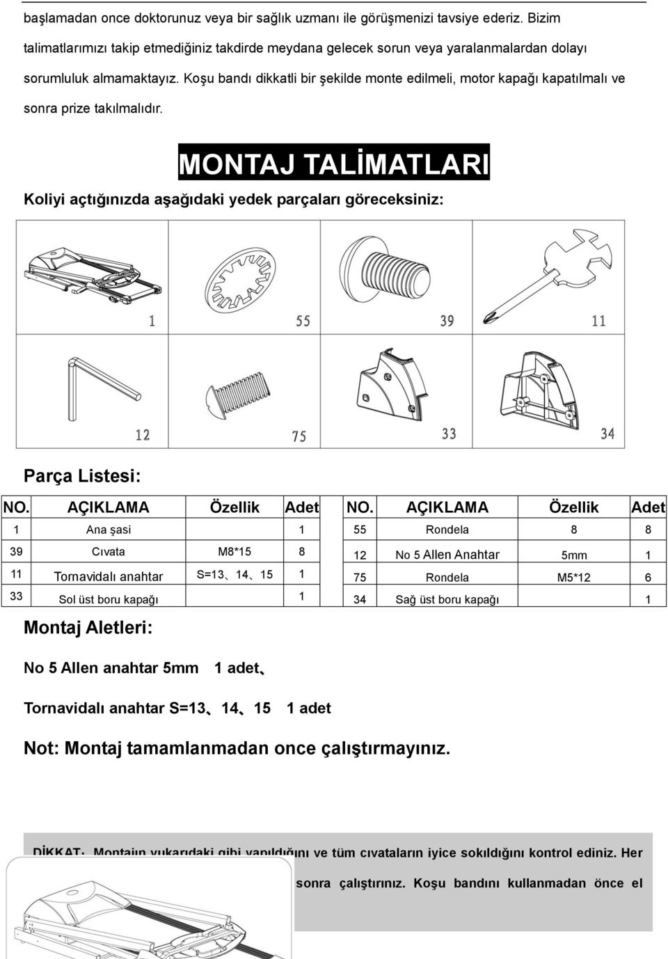 Koşu bandı dikkatli bir şekilde monte edilmeli, motor kapağı kapatılmalı ve sonra prize takılmalıdır. MONTAJ TALİMATLARI Koliyi açtığınızda aşağıdaki yedek parçaları göreceksiniz: Parça Listesi: NO.