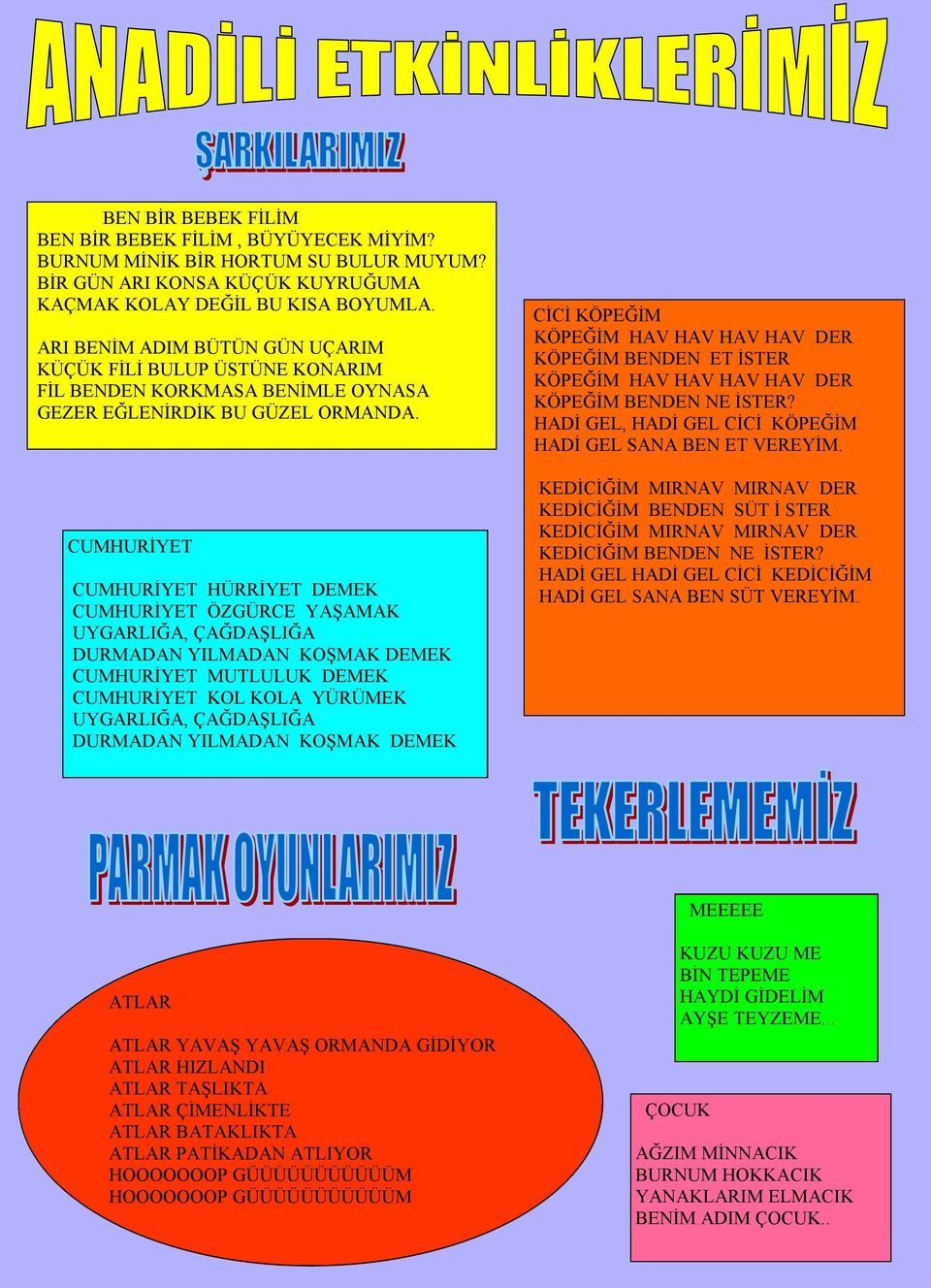 CUMHURİYET CUMHURİYET HÜRRİYET DEMEK CUMHURİYET ÖZGÜRCE YAŞAMAK UYGARLIĞA, ÇAĞDAŞLIĞA DURMADAN YILMADAN KOŞMAK DEMEK CUMHURİYET MUTLULUK DEMEK CUMHURİYET KOL KOLA YÜRÜMEK UYGARLIĞA, ÇAĞDAŞLIĞA