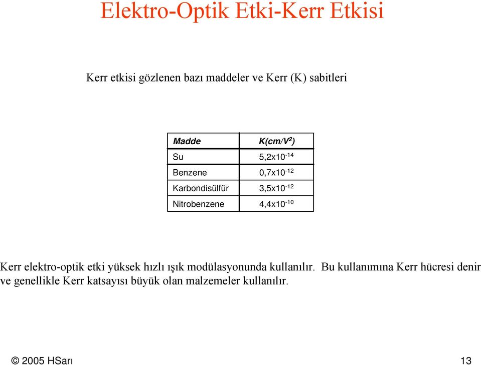 4,4x10-10 Kerr elektr-ptik etki yüksek hızlı ışık mdülasynunda kullanılır.