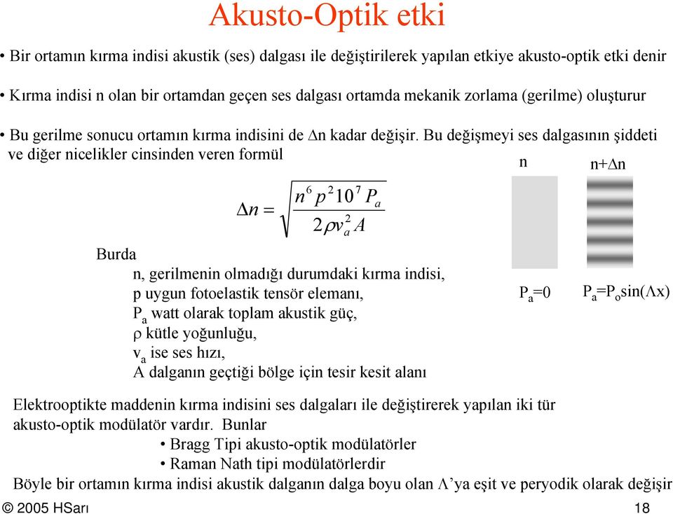 Bu değişmeyi ses dalgasının şiddeti ve diğer nicelikler cinsinden veren frmül n n+δn Δn = n 6 p ρv 005 HSarı 18 10 Burda n, gerilmenin lmadığı durumdaki kırma indisi, p uygun ftelastik tensör