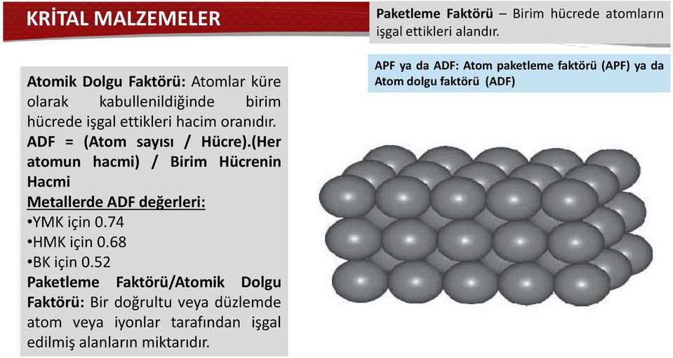 52 Paketleme Faktörü/Atomik Dolgu Faktörü: Bir doğrultu veya düzlemde atom veya iyonlar tarafından işgal edilmiş alanların miktarıdır.