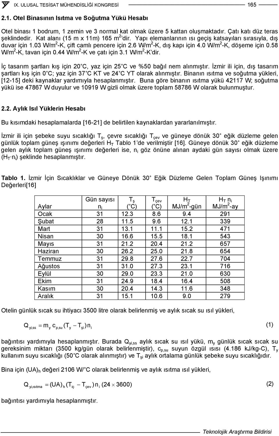 44 W/m 2 -K ve çatı içi 3.1 W/m 2 -K dir. İç tasarım şartları kış içi 20 C, yaz içi 25 C ve %50 bağıl em alımıştır.