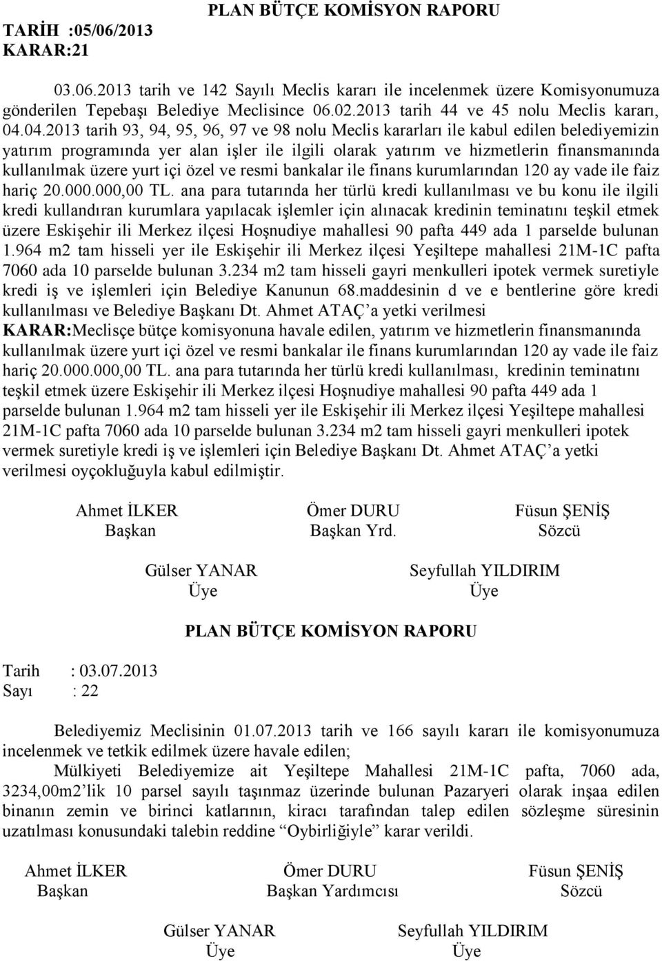 04.2013 tarih 93, 94, 95, 96, 97 ve 98 nolu Meclis kararları ile kabul edilen belediyemizin yatırım programında yer alan işler ile ilgili olarak yatırım ve hizmetlerin finansmanında kullanılmak üzere