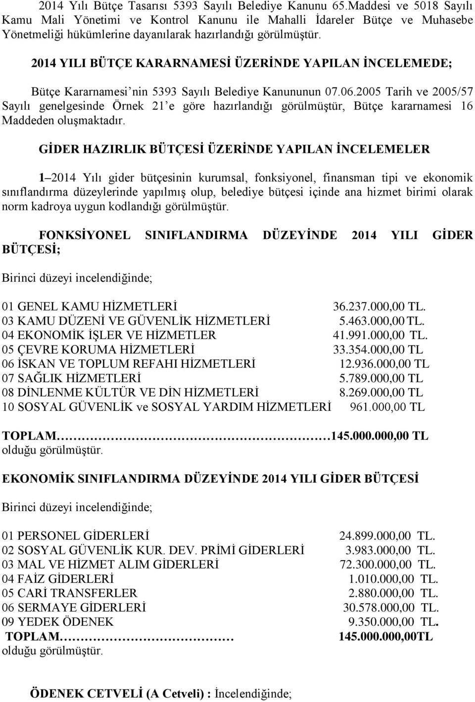 2014 YILI BÜTÇE KARARNAMESİ ÜZERİNDE YAPILAN İNCELEMEDE; Bütçe Kararnamesi nin 5393 Sayılı Belediye Kanununun 07.06.