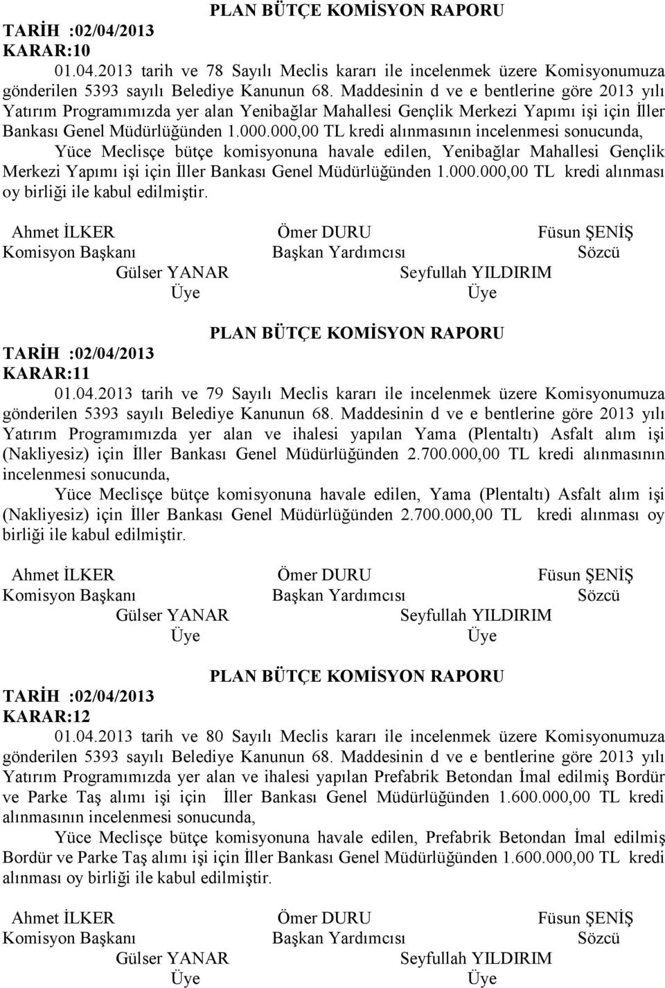 000,00 TL kredi alınmasının incelenmesi sonucunda, Yüce Meclisçe bütçe komisyonuna havale edilen, Yenibağlar Mahallesi Gençlik Merkezi Yapımı işi için İller Bankası Genel Müdürlüğünden 1.000.000,00 TL kredi alınması oy birliği ile kabul edilmiştir.