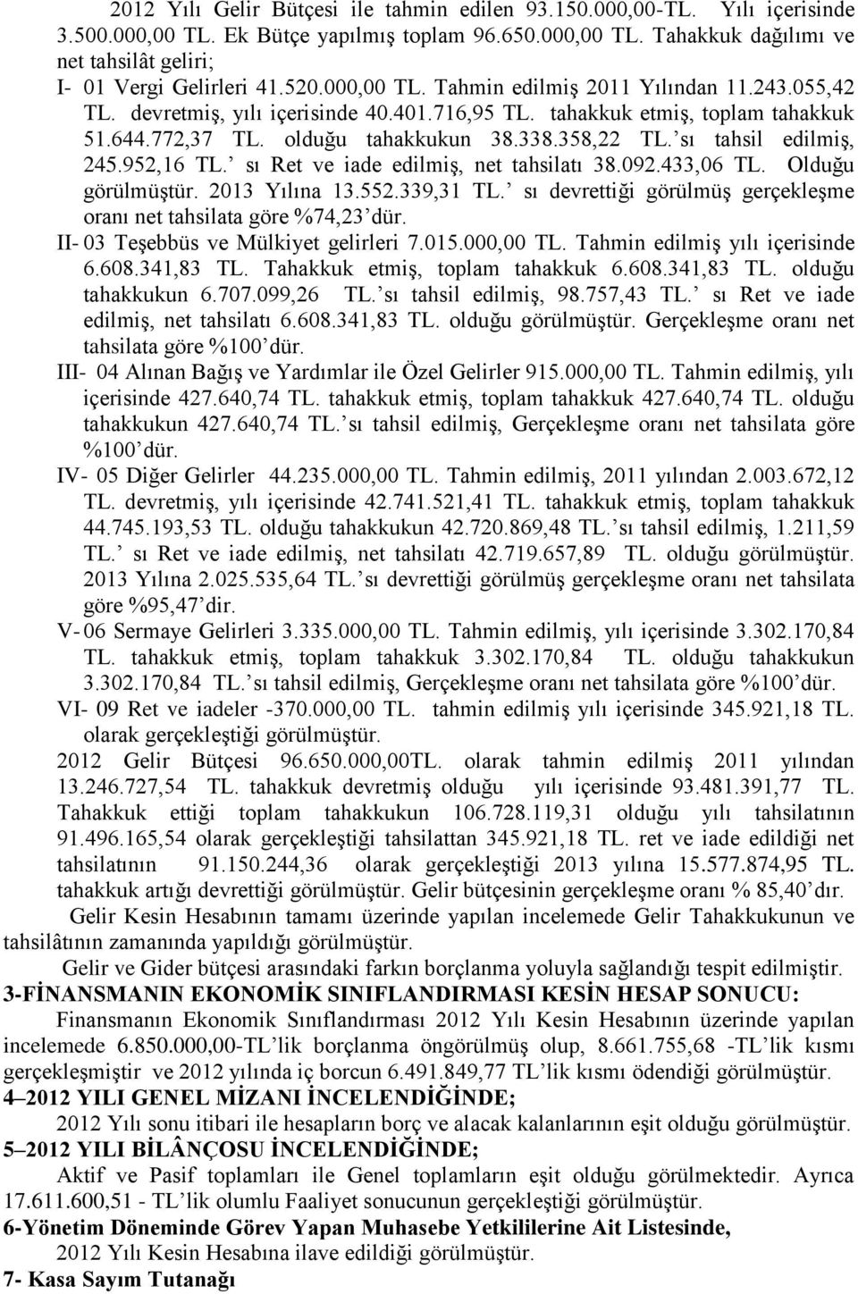 sı tahsil edilmiş, 245.952,16 TL. sı Ret ve iade edilmiş, net tahsilatı 38.092.433,06 TL. Olduğu görülmüştür. 2013 Yılına 13.552.339,31 TL.