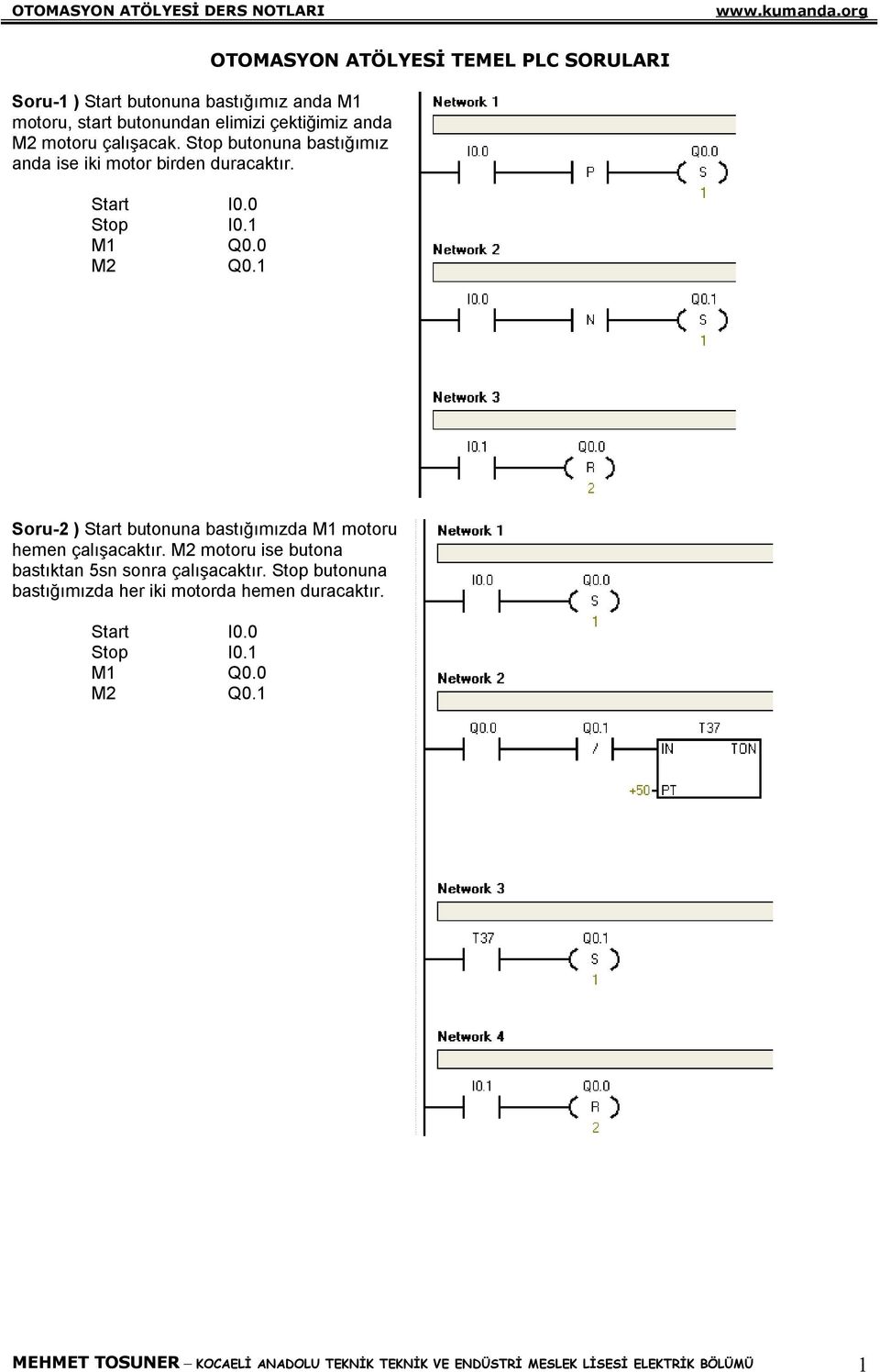1 OTOMASYON ATÖLYESİ TEMEL PLC SORULARI Soru2 ) Start butonuna bastığımızda M1 motoru hemen çalışacaktır.
