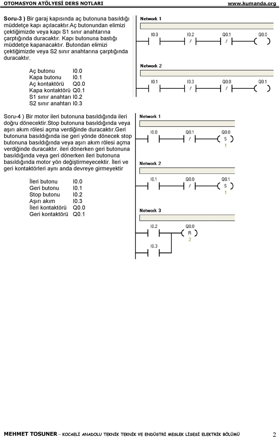 1 S1 sınır anahtarı I0.2 S2 sınır anahtarı I0.3 Soru4 ) Bir motor ileri butonuna basıldığında ileri doğru dönecektir.stop butonuna basıldığında veya aşırı akım rölesi açma verdiğinde duracaktır.