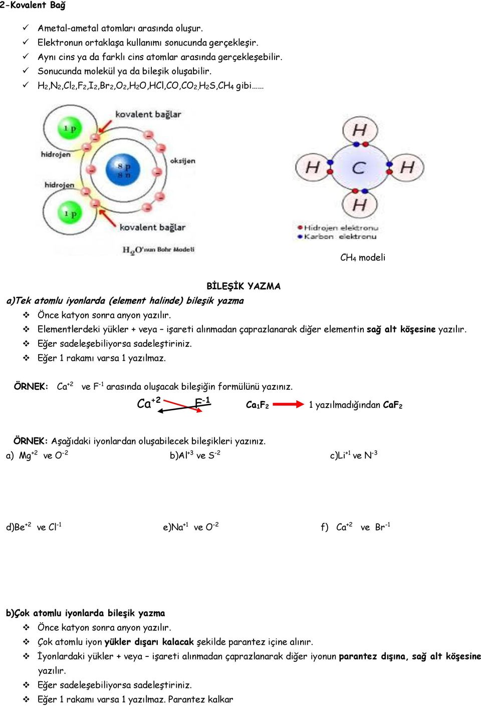 H 2,N 2,Cl 2,F 2,I 2,Br 2,O 2,H 2O,HCl,CO,CO 2,H 2S,CH 4 gibi CH 4 modeli BİLEŞİK YAZMA a)tek atomlu iyonlarda (element halinde) bileşik yazma Önce katyon sonra anyon yazılır.