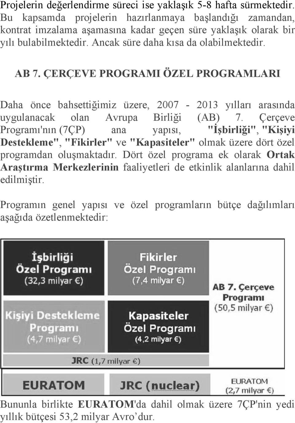 ÇERÇEVE PROGRAMI ÖZEL PROGRAMLARI Daha önce bahsettiğimiz üzere, 2007-2013 yılları arasında uygulanacak olan Avrupa Birliği (AB) 7.