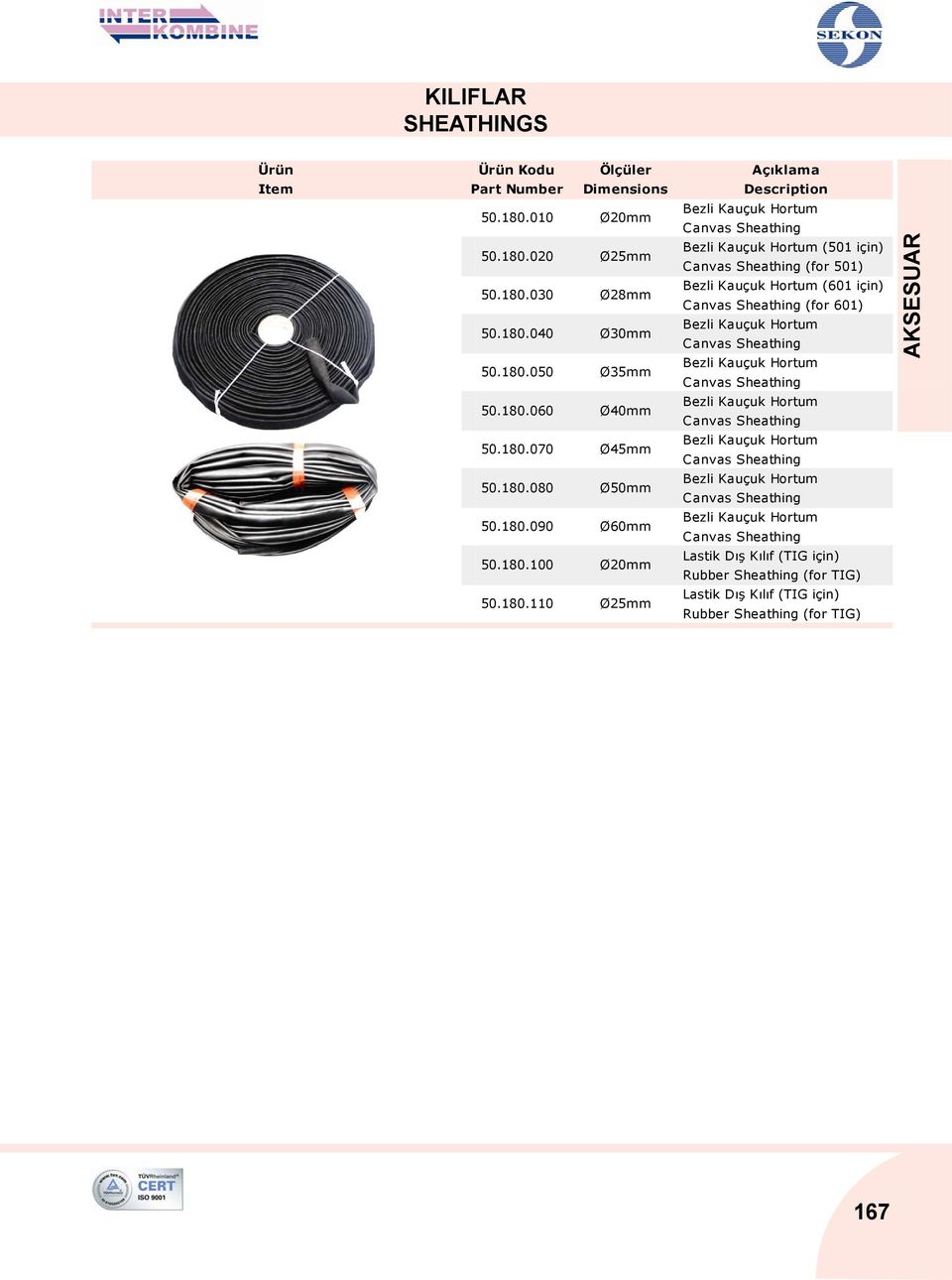 180.060 Ø40mm Bezli Kauçuk Hortum Canvas Sheathing 50.180.070 Ø45mm Bezli Kauçuk Hortum Canvas Sheathing 50.180.080 Ø50mm Bezli Kauçuk Hortum Canvas Sheathing 50.180.090 Ø60mm Bezli Kauçuk Hortum Canvas Sheathing 50.