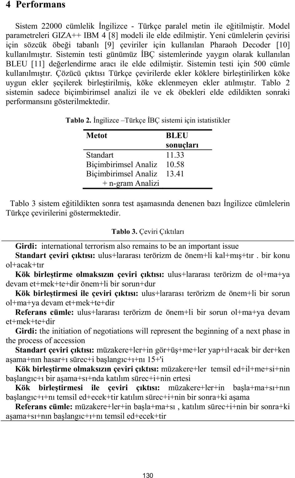 Sistemin testi günümüz BÇ sistemlerinde yaygın olarak kullanılan BLEU [11] de erlendirme aracı ile elde edilmi tir. Sistemin testi için 500 cümle kullanılmı tır.