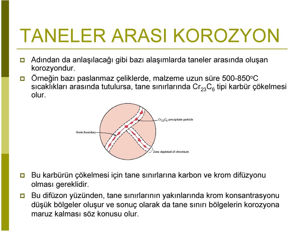 karbür çökelmesi olur. Bu karbürün çökelmesi için tane sınırlarına karbon ve krom difüzyonu olması gereklidir.