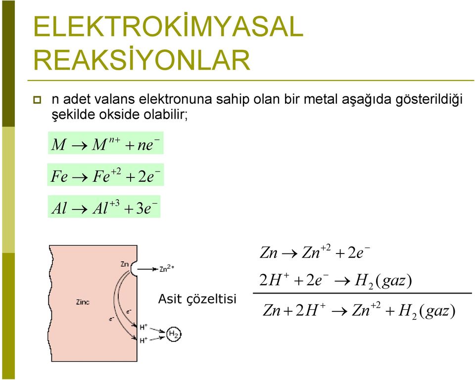 M M n + + ne + 2 Fe Fe + 2 + 3 Al Al + 3 e e Asit çözeltisi