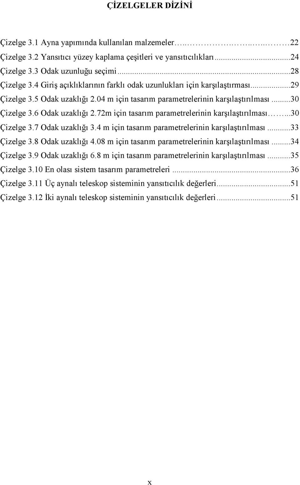 72m için tasarım parametrelerinin karşılaştırılması...30 Çizelge 3.7 Odak uzaklığı 3.4 m için tasarım parametrelerinin karşılaştırılması... 33 Çizelge 3.8 Odak uzaklığı 4.