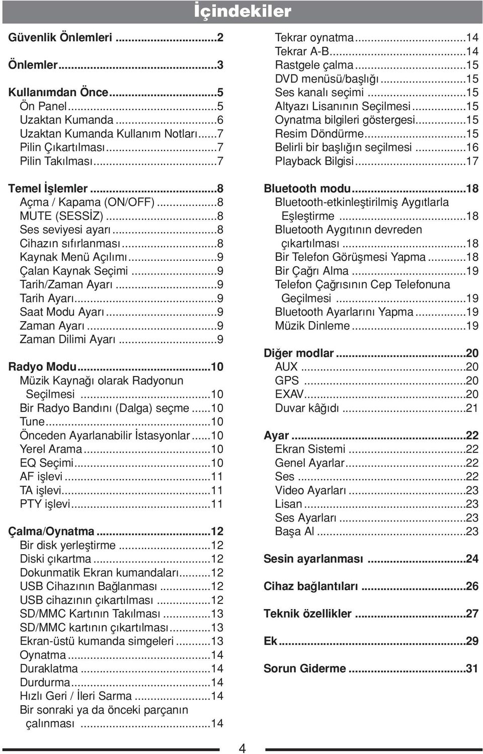 ..9 Zaman Ayarı...9 Zaman Dilimi Ayarı...9 Radyo Modu...10 Müzik Kaynağı olarak Radyonun Seçilmesi...10 Bir Radyo Bandını (Dalga) seçme...10 Tune...10 Önceden Ayarlanabilir İstasyonlar...10 Yerel Arama.
