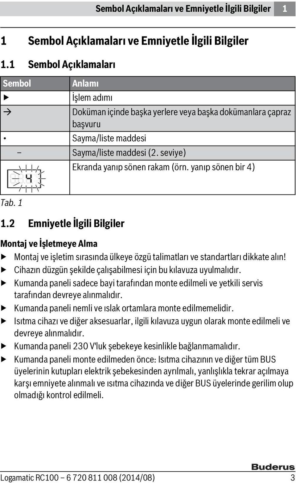 yanıp sönen bir 4) Tab. 1 1.2 Emniyetle İlgili Bilgiler Montaj ve İşletmeye Alma Montaj ve işletim sırasında ülkeye özgü talimatları ve standartları dikkate alın!