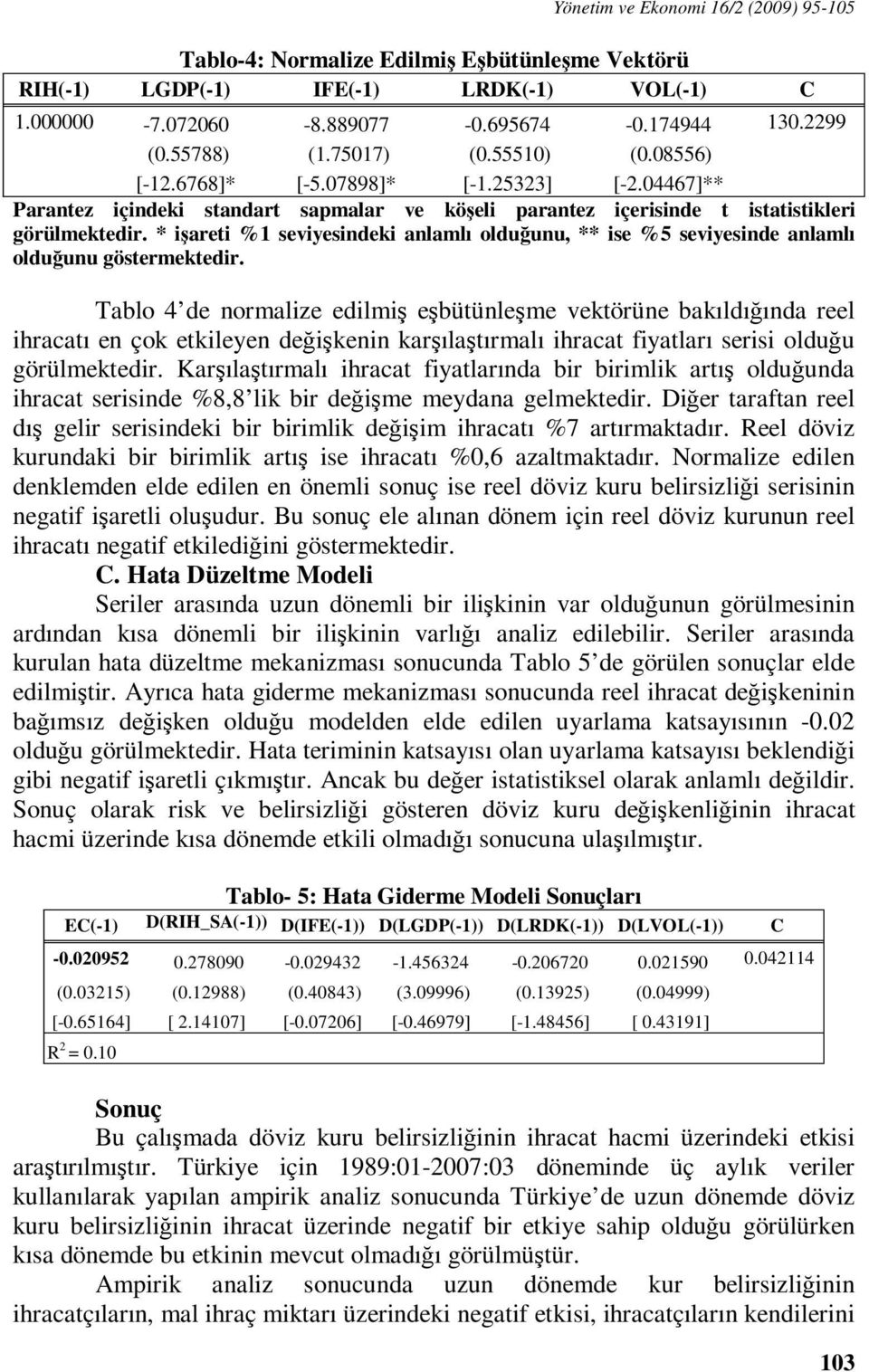 * işarei %1 seviyesindeki anlamlı olduğunu, ** ise %5 seviyesinde anlamlı olduğunu gösermekedir.