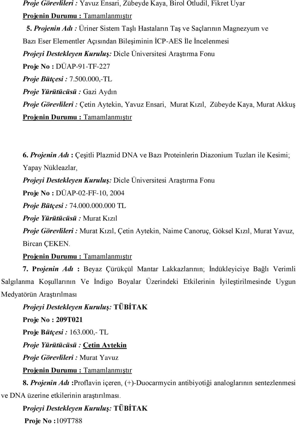 Araştırma Fonu Proje No : DÜAP-91-TF-227 Proje Bütçesi : 7.500.