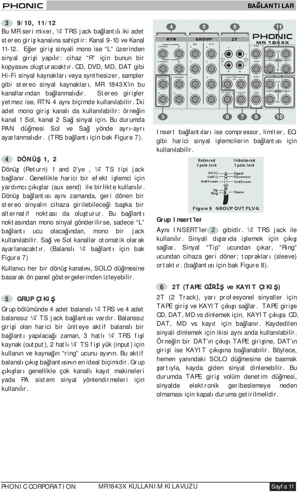 CD, DVD, MD, DAT gibi Hi-Fi sinyal kaynaklar veya synthesizer, sampler gibi stereo sinyal kaynaklar, MR 1843X in bu kanallar ndan ba lanmal r.