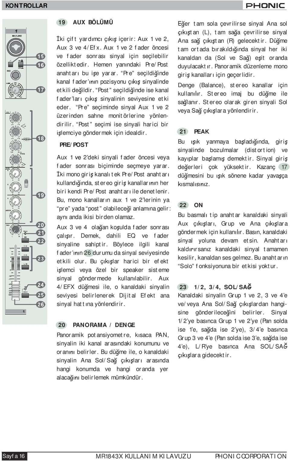 Pre seçiminde sinyal Aux 1 ve 2 üzerinden sahne monitörlerine yönlendirilir. Post seçimi ise sinyali harici bir lemciye göndermek için idealdir.