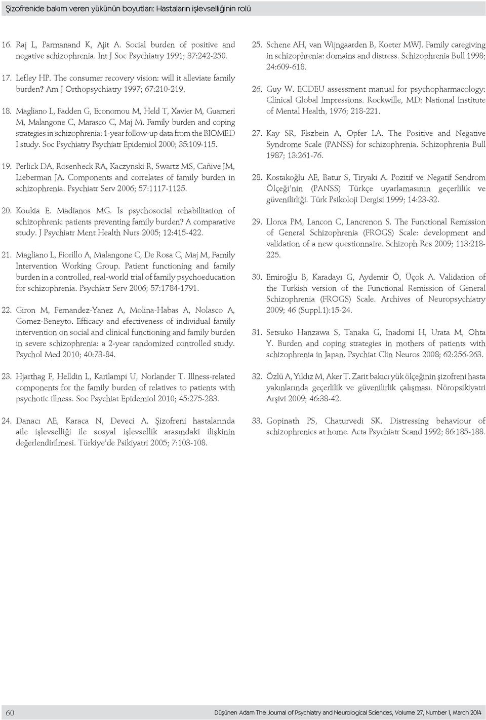 Magliano L, Fadden G, Economou M, Held T, Xavier M, Guarneri M, Malangone C, Marasco C, Maj M. Family burden and coping strategies in schizophrenia: 1-year follow-up data from the BIOMED I study.