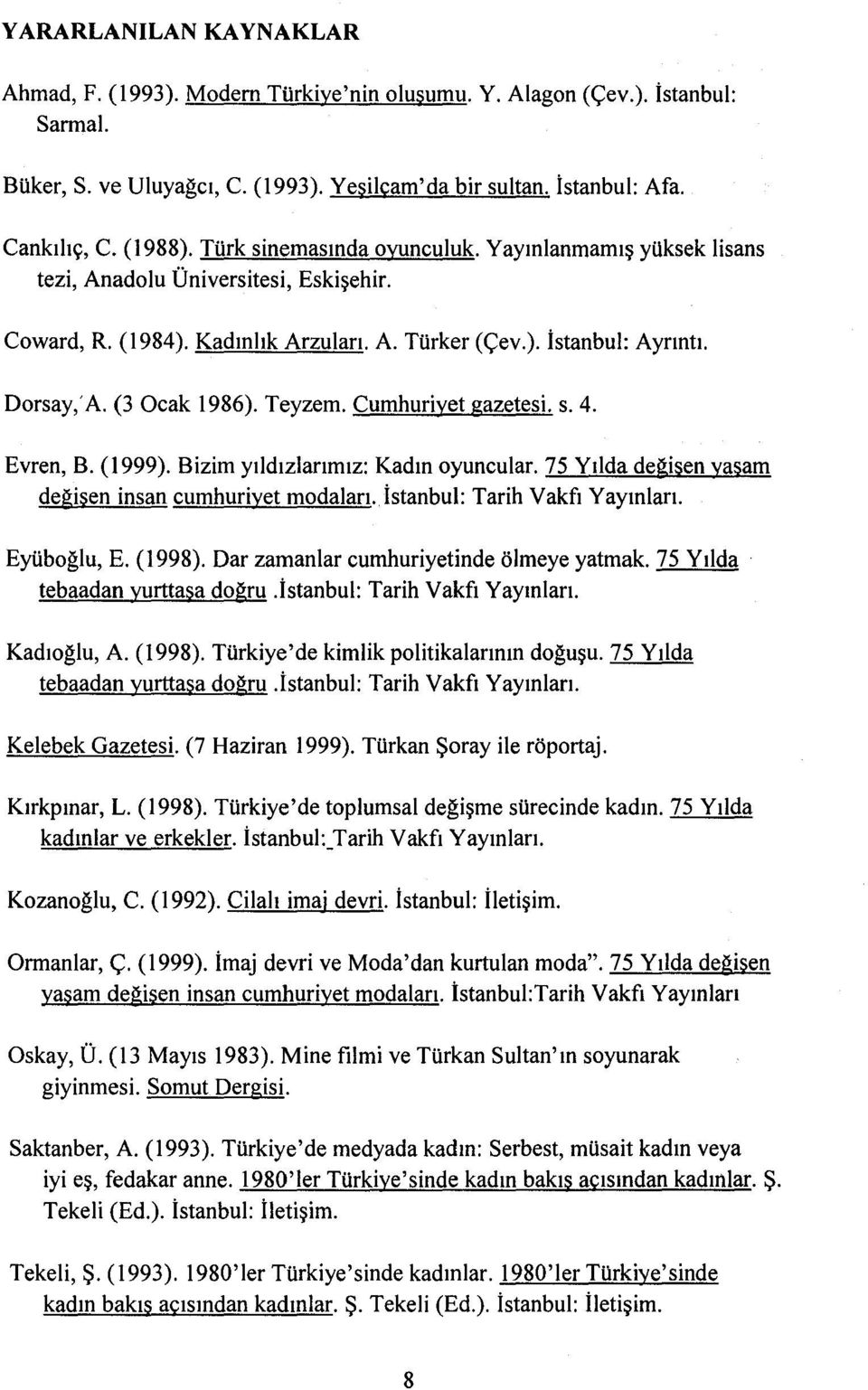 A, (3 Ocak 1986). Teyzem. Cumhuriyet gazetesi. s. 4. Evren, B. (1999). Bizim yıldızlarımız: Kadın oyuncular. 75 Yılda değişen yaşam değişen insan cumhuriyet modaları.. İstanbul: Tarih Vakfı Yayınları.