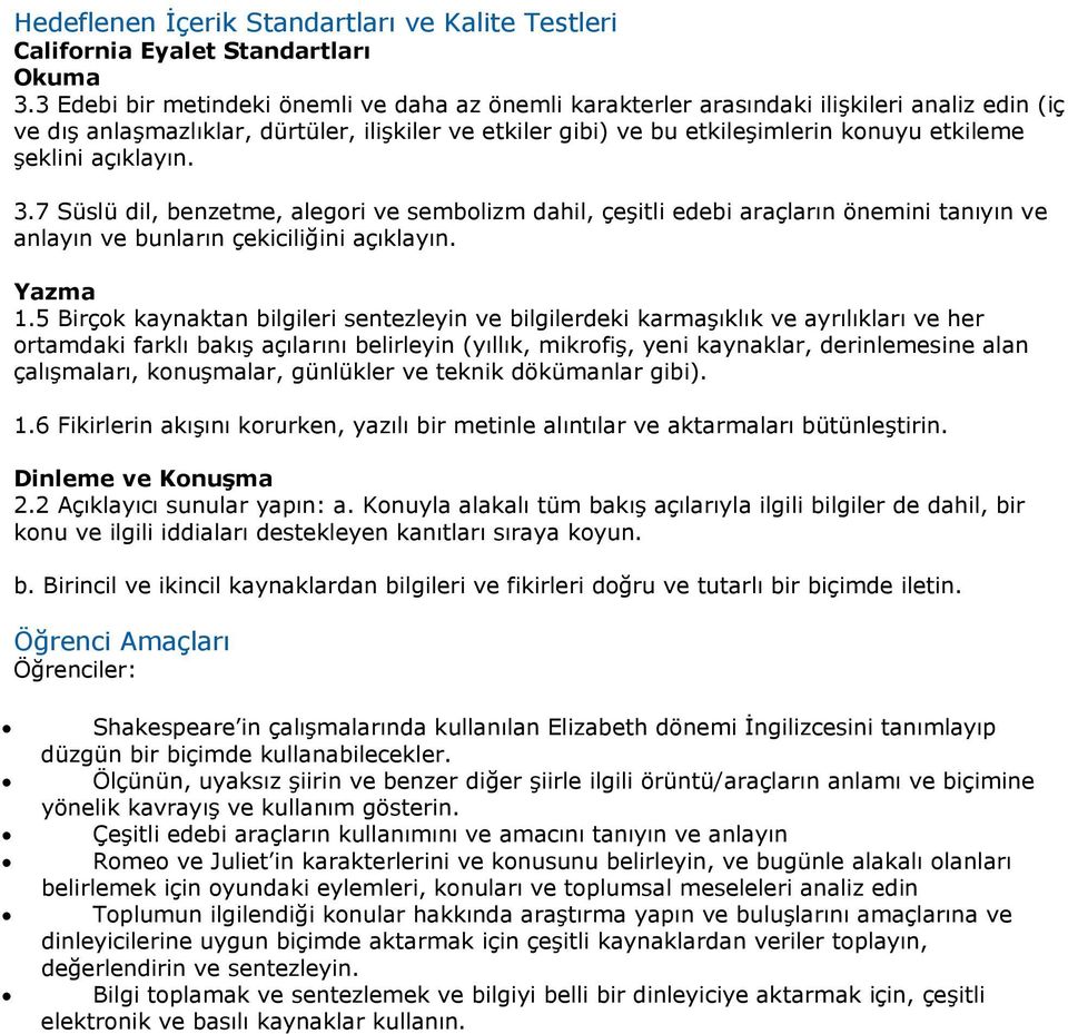 şeklini açıklayın. 3.7 Süslü dil, benzetme, alegori ve sembolizm dahil, çeşitli edebi araçların önemini tanıyın ve anlayın ve bunların çekiciliğini açıklayın. Yazma 1.