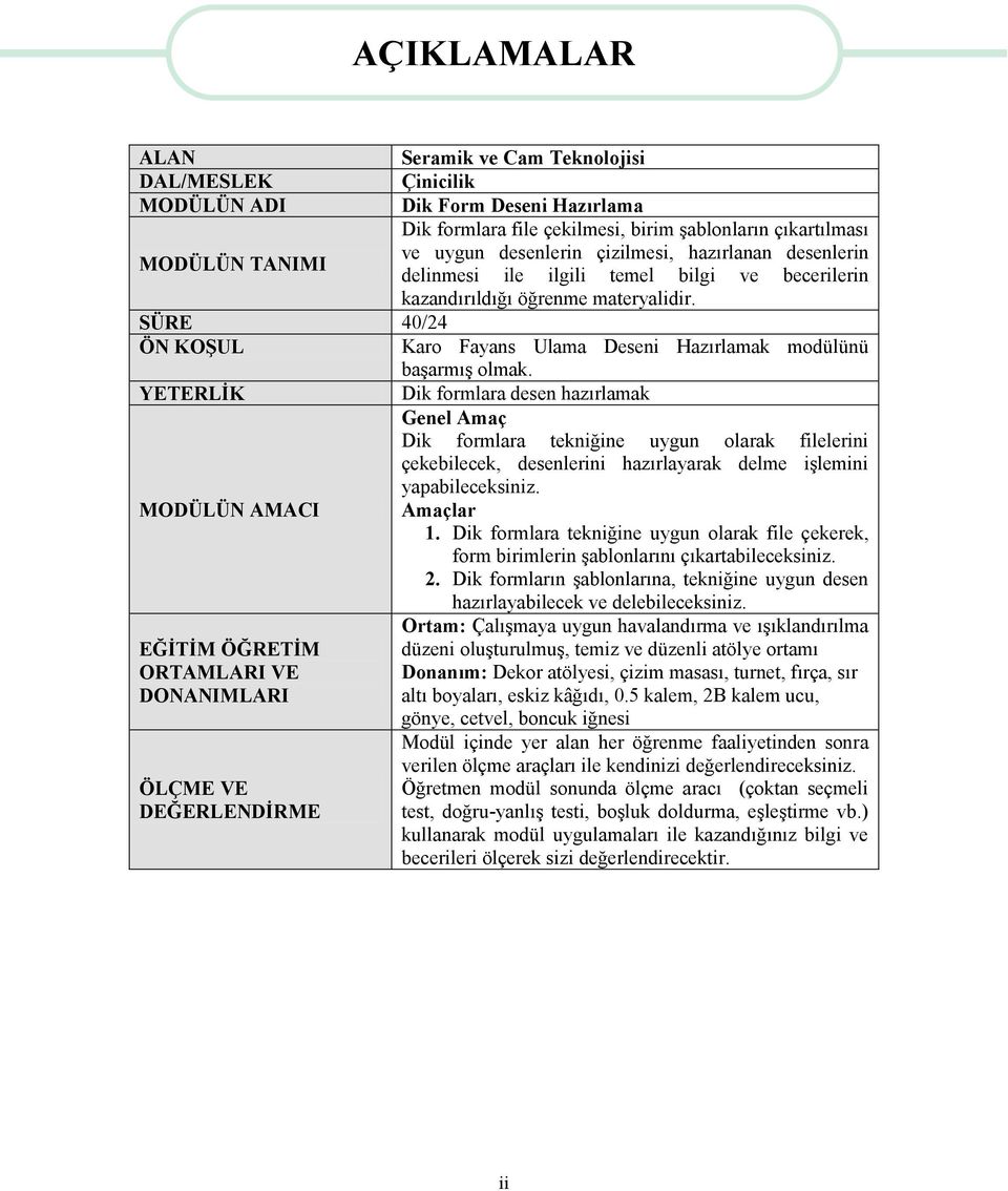 YETERLİK Dik formlara desen hazırlamak Genel Amaç Dik formlara tekniğine uygun olarak filelerini çekebilecek, desenlerini hazırlayarak delme işlemini yapabileceksiniz. MODÜLÜN AMACI Amaçlar 1.