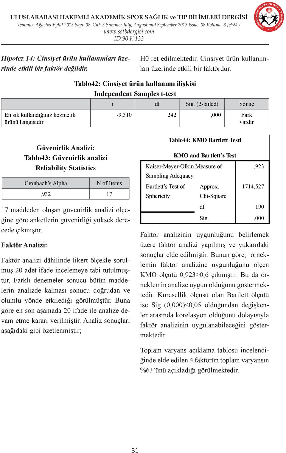 (2-tailed) Sonuç -9,310 242,000 Fark vardır Güvenirlik Analizi: Tablo43: Güvenirlik analizi Reliability Statistics Cronbach s Alpha N of Items,932 17 17 maddeden oluşan güvenirlik analizi ölçeğine