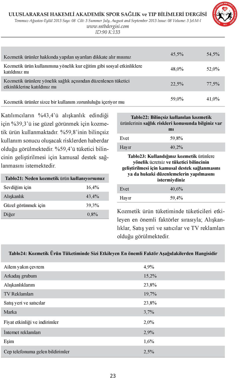 için %39,3 ü ise güzel görünmek için kozmetik ürün kullanmaktadır. %59,8 inin bilinçsiz kullanım sonucu oluşacak risklerden haberdar olduğu görülmektedir.