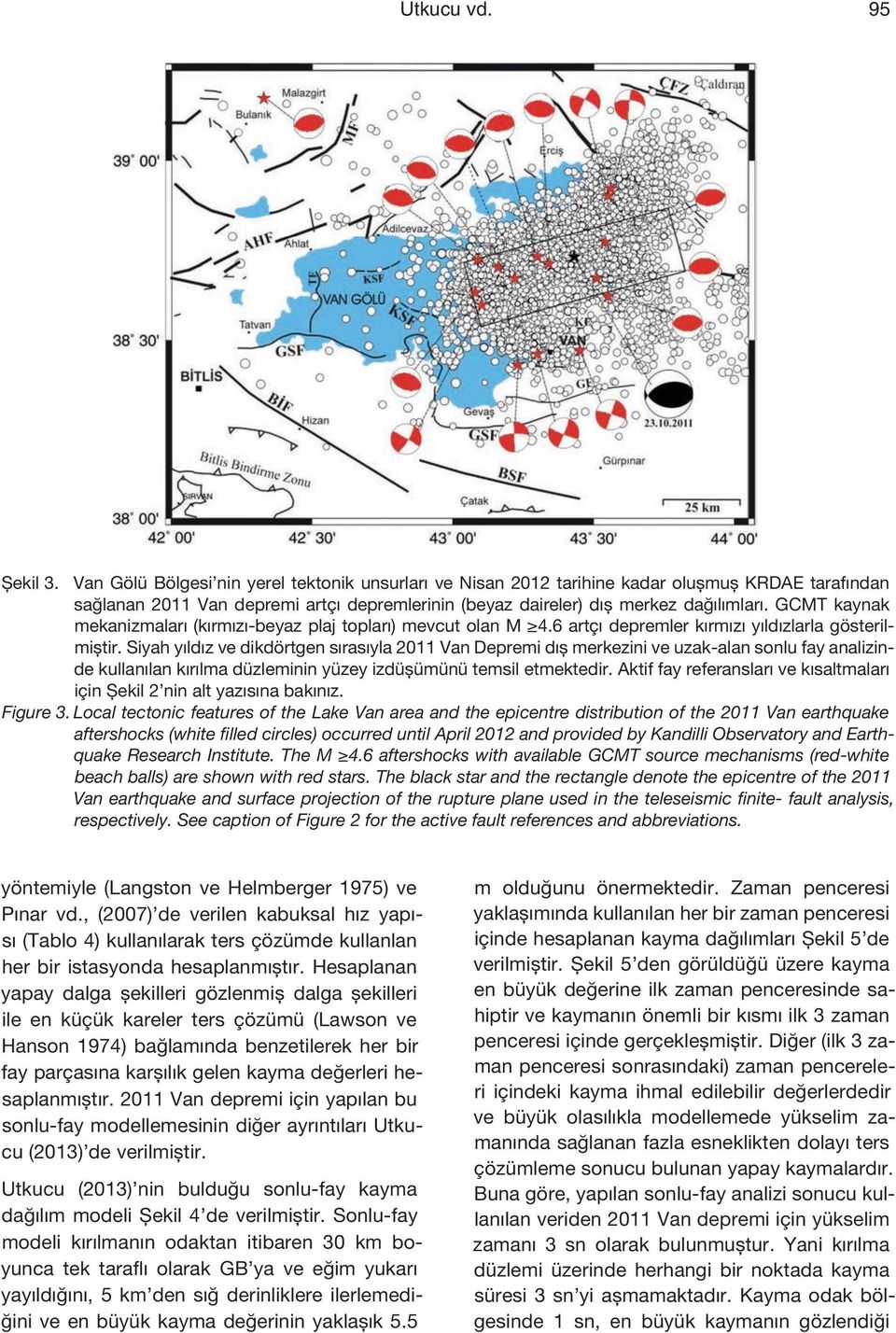 GCMT kaynak mekanizmaları (kırmızı-beyaz plaj topları) mevcut olan M 4.6 artçı depremler kırmızı yıldızlarla gösterilmiştir.