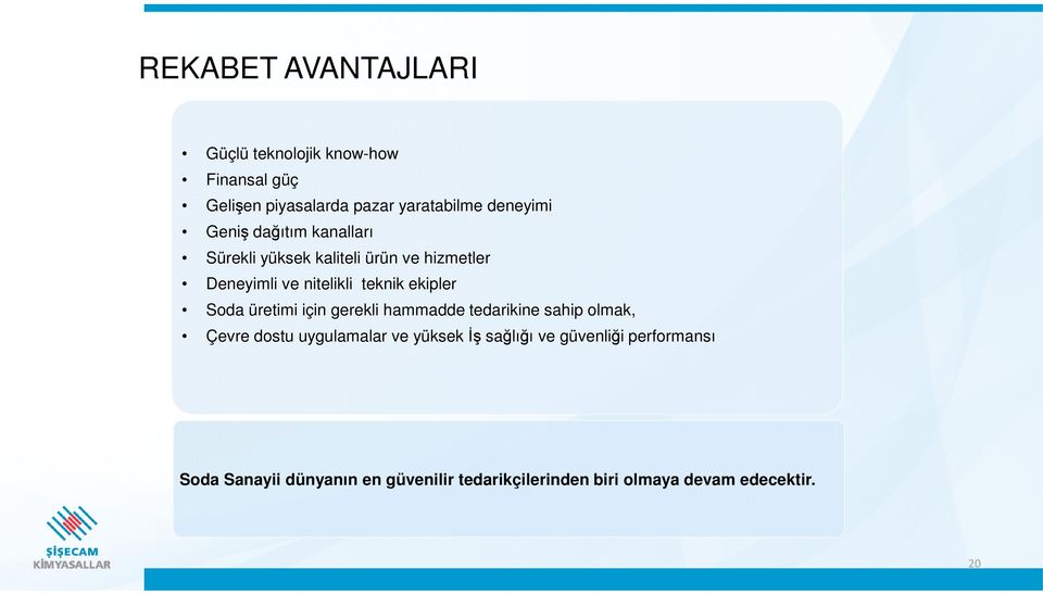 Soda üretimi için gerekli hammadde tedarikine sahip olmak, Çevre dostu uygulamalar ve yüksek İş sağlığı