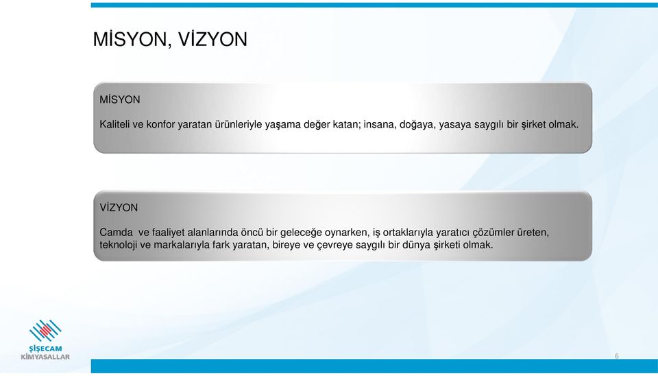 VİZYON Camda ve faaliyet alanlarında öncü bir geleceğe oynarken, iş ortaklarıyla