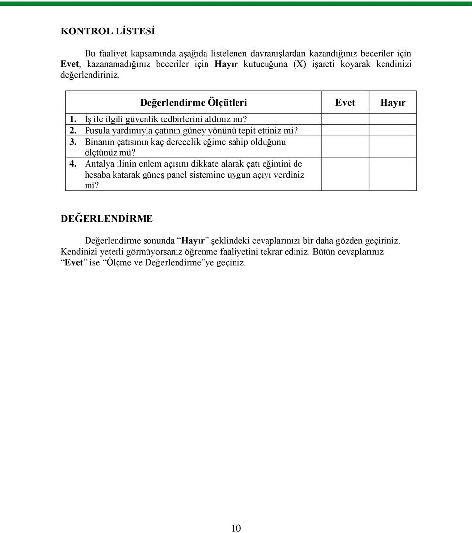 Binanın çatısının kaç derecelik eğime sahip olduğunu ölçtünüz mü? 4. Antalya ilinin enlem açısını dikkate alarak çatı eğimini de hesaba katarak güneş panel sistemine uygun açıyı verdiniz mi?