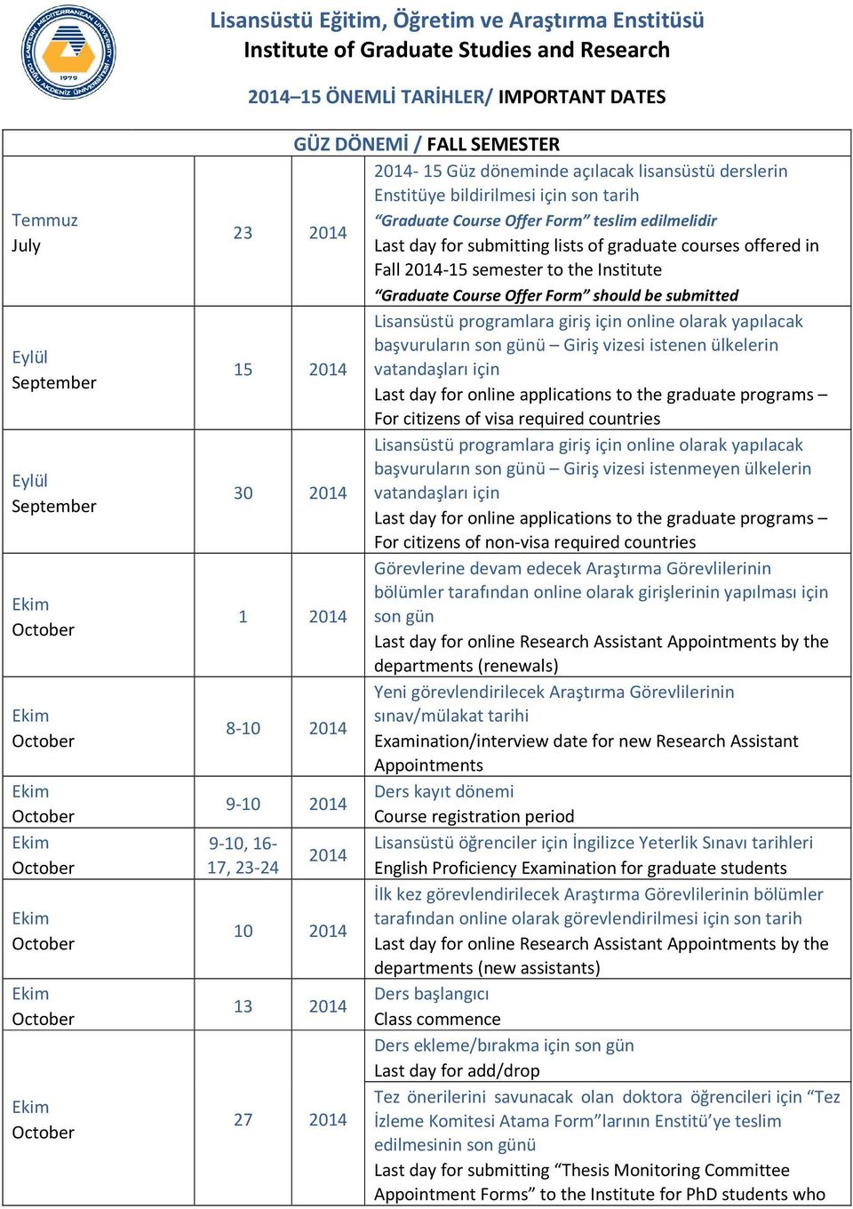 the Institute 15 2014 30 2014 1 2014 8-10 2014 9-10 2014 9-10, 16-17, 23-24 2014 10 2014 13 2014 27 2014 Graduate Course Offer Form should be submitted başvuruların son günü Giriş vizesi istenen