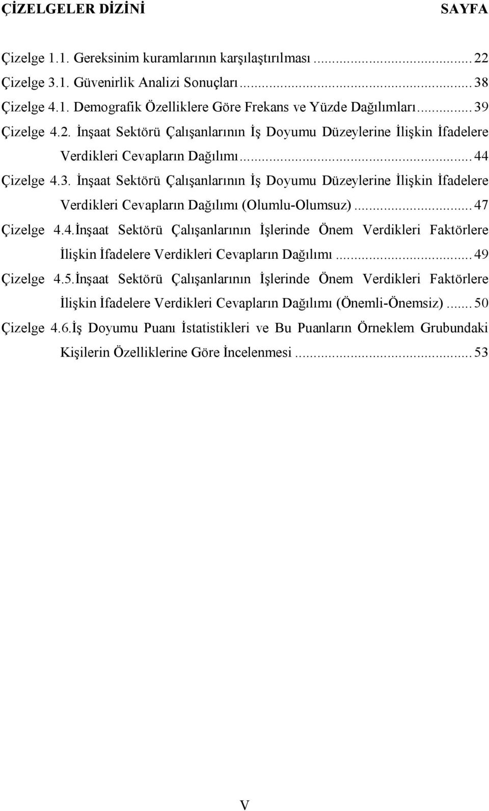 .. 47 Çizelge 4.4.İnşaat Sektörü Çalışanlarının İşlerinde Önem Verdikleri Faktörlere İlişkin İfadelere Verdikleri Cevapların Dağılımı... 49 Çizelge 4.5.