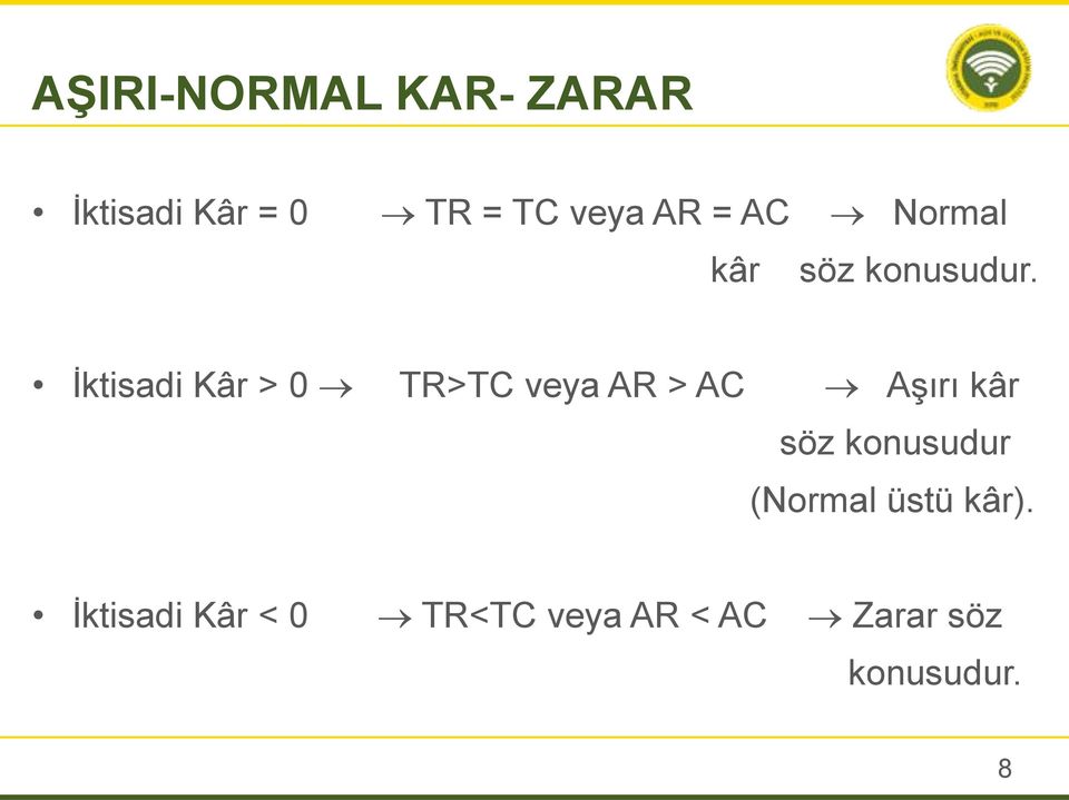 İktisadi Kâr > 0 TR>TC veya AR > AC Aşırı kâr söz