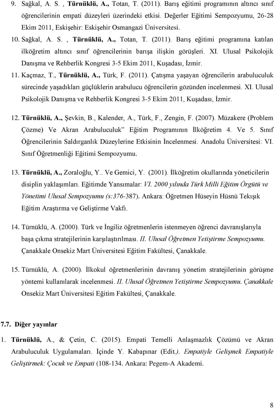 Barış eğitimi programına katılan ilköğretim altıncı sınıf öğrencilerinin barışa ilişkin görüşleri. XI. Ulusal Psikolojik Danışma ve Rehberlik Kongresi 3-5 Ekim 2011, Kuşadası, İzmir. 11. Kaçmaz, T.